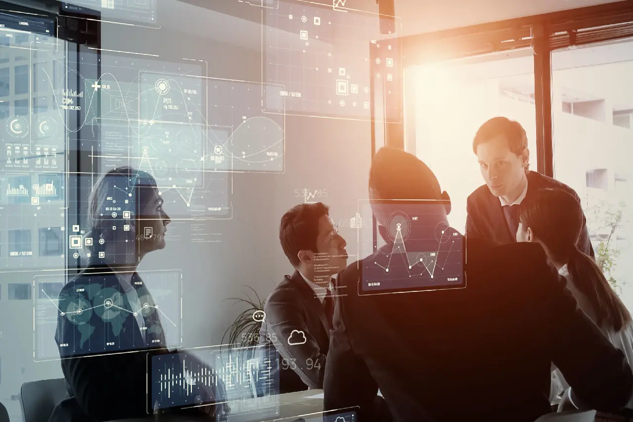 People in a meeting room discussing, with digital data graphics overlay.