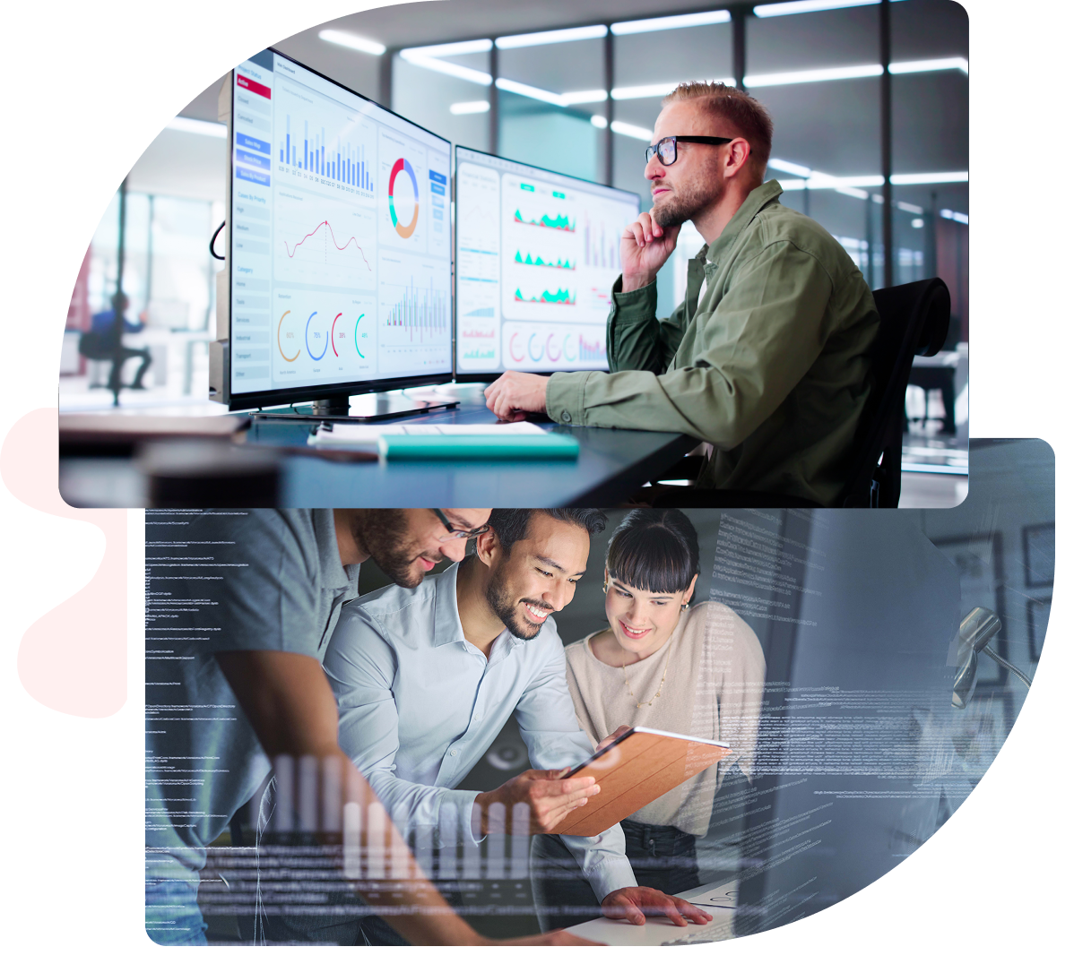 Professionals reviewing analytics dashboards and data