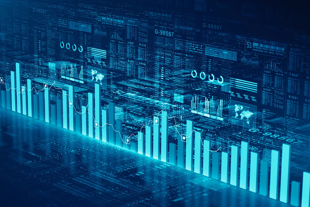 Blue glowing data visualization with bar charts