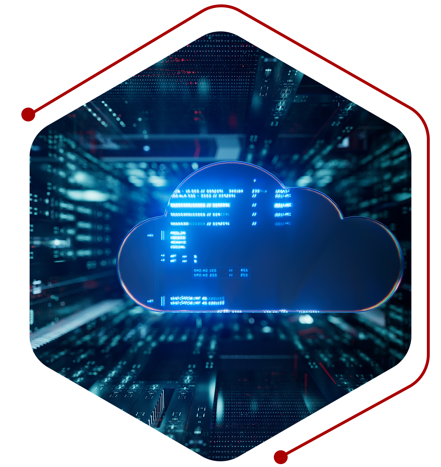 Glowing cloud computing icon over server circuitry